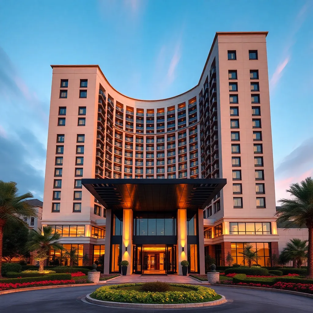 Luxury hotel facade with modern architecture, elegant entrance, and beautiful landscaping at sunset